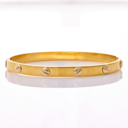 18ct Yellow Gold, 6.0mm Wide Hinged Bangle with Screw Motifs