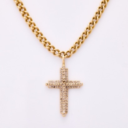 9ct Yellow Gold, .50ct Diamond Set Cross on 48cm, 9ct Curb Link Chain