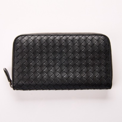 Bottega Veneta, Black Intreciato Zip Around Wallet