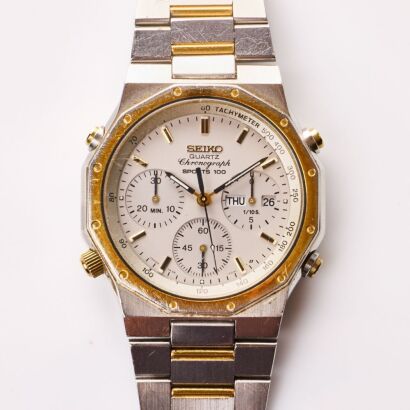 Stainless Steel / Gold Plated, 39mm SEIKO Quartz Sports 100 Chronograph Wristwatch, circa 1984