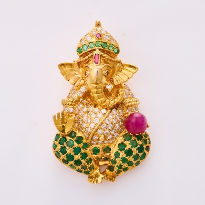 16ct Yellow Gold, Handmade, Ganesh Figurine Set with Emeralds / .75ct Diamonds / Rubies