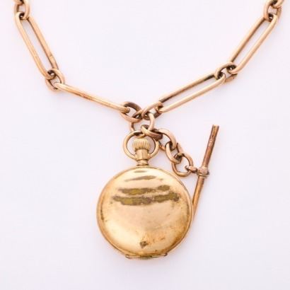 9ct Rose Gold, Estate, 44cm Fob Chain with T bar / Albert clasp, attached to a Sealed, Rolled Gold Pocket Watch