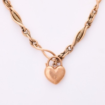 9ct Rose Gold, Vintage, 40cm Fancy Link Fob Chain with T bar, Three Charms and Albert Clasp