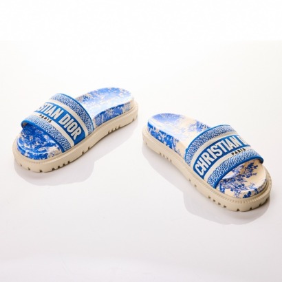 Christian Dior, Canvas Toile de Jouy Embroidered Dway Slides, Size 35 with Box