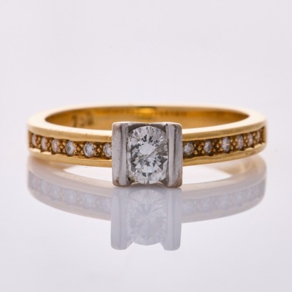 18ct Yellow / White Gold, Modern, .32ct Diamond /.10ct Diamond Ring