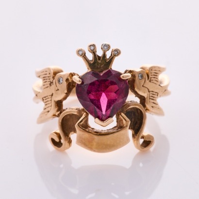 9ct Rose Gold, Vintage, Heart Shaped Garnet / .06ct Diamond Ring