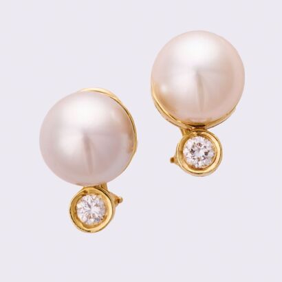 14ct Yellow Gold, 12.10mm South Sea Cultured Pearl / .44ct Diamond Earrings