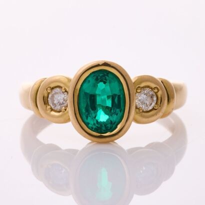 9ct Yellow Gold, Modern, Oval Synthetic Emerald / .10ct Diamond Ring