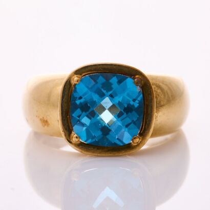 9ct Yellow Gold, Modern, Cushion Shape 9.0mm Topaz /.24ct Diamond Ring