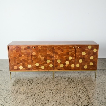 A Solid Wood Sideboard With Hexagonal Brass & Wood Detailed Front