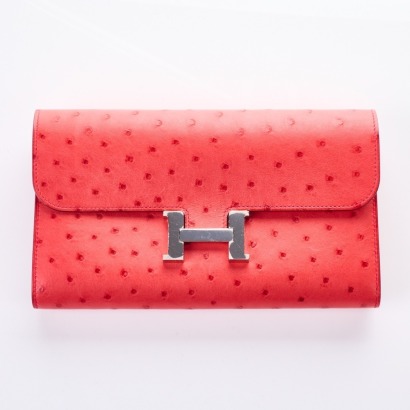 Herm&egrave;s, Rouge, Ostrich Leather, Constance Wallet with Box