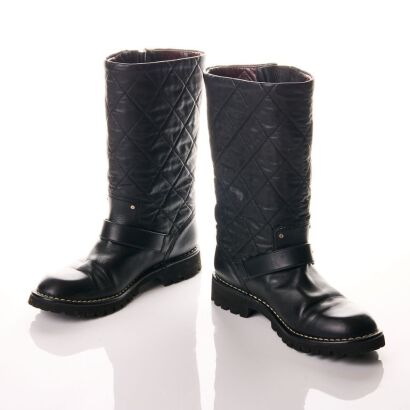 Chanel, Black Quilted Leather Mid-Calf Biker Boots, Size 39