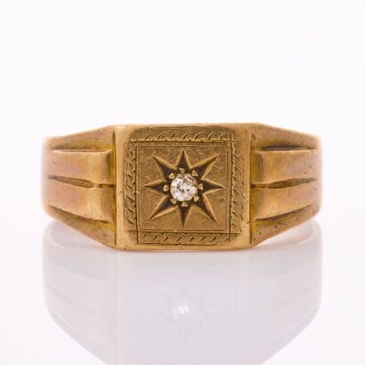 9ct Yellow Gold, Vintage, .03ct Diamond Set Signet Ring, Size U