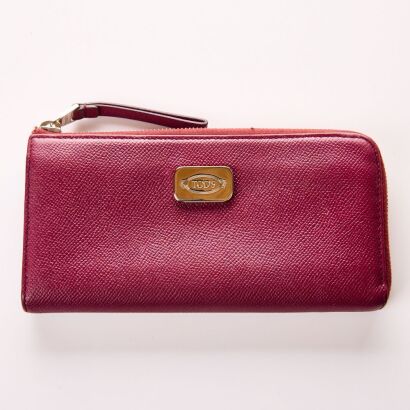 Tods, Plum Leather Zip Around Wallet with Box