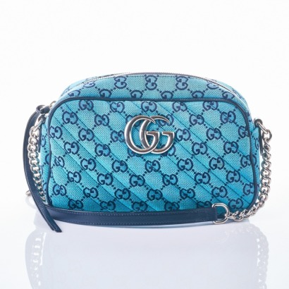 Gucci, GG Blue Diagonal Quilted Canvas Marmont Camera Bag with Box
