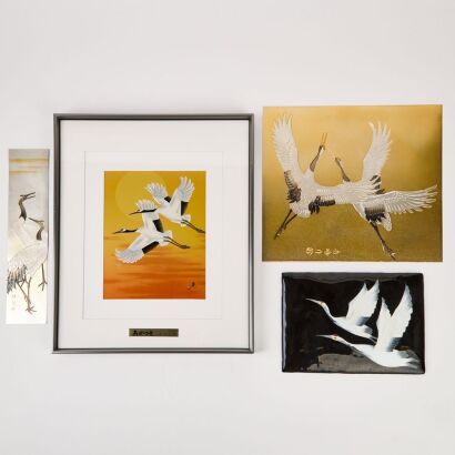 Four Japanese Metal Crane-Decorated Pieces