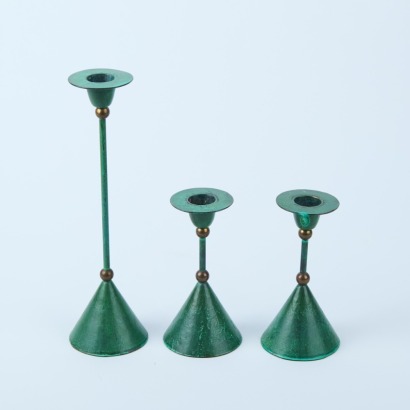 A Trio Of Vintage Postmodern Verdegris Brass Conical Candlesticks
