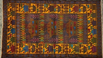An Afghani War Rug with Gun, Grenade, and Tank Motif