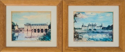 A Pair of Watercolour Reproductions of European Chateaus