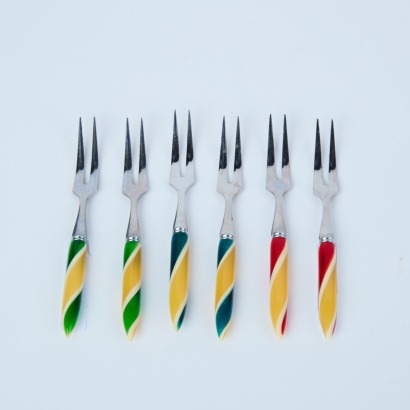 A Set of Six Colourful Vintage Stainless Cocktail Forks