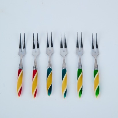 A Set of Six Colourful Vintage Stainless Cocktail Forks