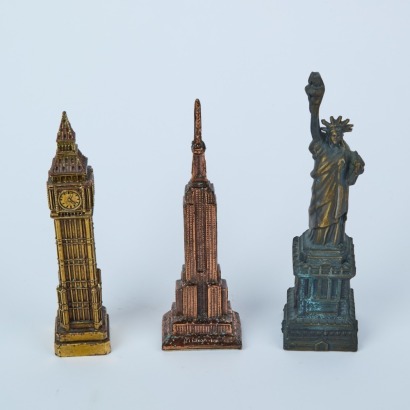 A Set of Three Cast Metal Miniature Architectural Tourist Landmarks - Statue of Liberty, Big Ben, Empire State Building