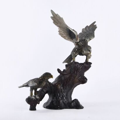 A Japanese 20th Century Bronze Eagle and Pine Ornament