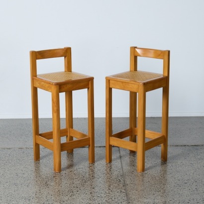 A Pair of Wood & Rattan Stools
