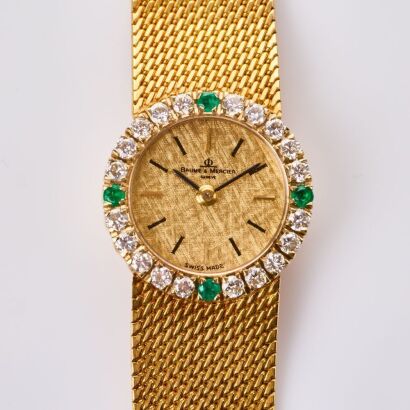 18ct Yellow Gold, 19.6mm, Baume et Mercier, Diamond / Emerald Manual Wind Wristwatch, circa 1960's