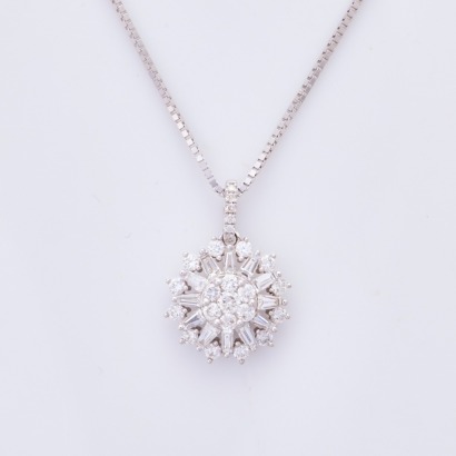 18ct White Gold, Modern, .71ct Diamond Cluster Pendant on 40cm, 18ct White Gold, Box Link Chain