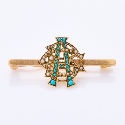 15ct Yellow Gold, Estate, Victorian Seed Pearl / Turquoise Bar Brooch