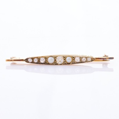 9ct Yellow / White Gold, Seed Pearl / .53ct Diamond Bar Brooch