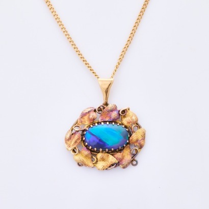 9ct Yellow Gold, Handmade, Black Opal Pendant on 45cm Curb Chain
