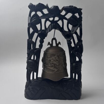 A Chinese 19th Century Small Bronze Bell (Original Red Wood Stand)