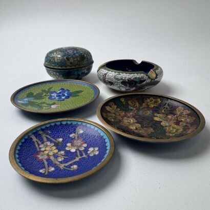 A Chinese Early 20th Century Cloisonn&eacute; Enamel Small Plates AND A Group of Four Lidded Box