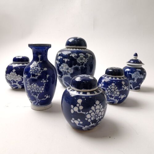 A Set of Six Chinese Blue and White 'Prunus and Cracked Ice' Jars