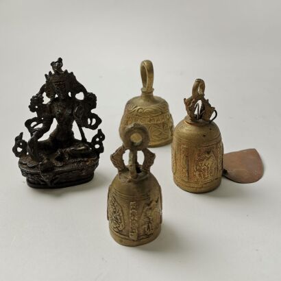 A Chinese Tibetan Bronze Small Buddha AND A Group of Three Bronze Bells