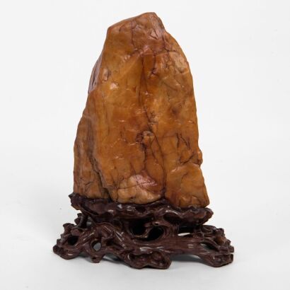 A Chinese Yellow Wax Stone Mountain Ornament (with Original Wooden Base)
