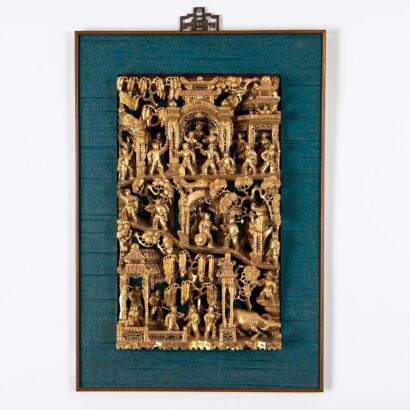 A Chinese 20th Century Gilt Lacquered Figures and Pavilions Wooden Ornament