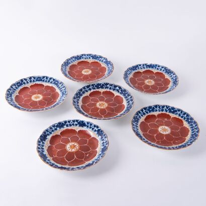 A Group of Six Chinese Qing Dynasty Blue and White with Iron-Red Dishes