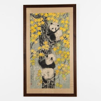A Chinese Ink and Color Painting of Pandas (Fang Chuxiong Stamp)