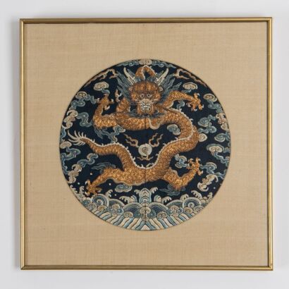 A Chinese Qing Dynasty Embroidered 'Dragon' Rank Badge (Buzi)