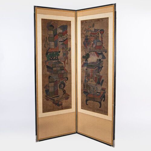A Korean 19th Century Ink and Wash &lsquo;Antiques&rsquo; Folding Screen