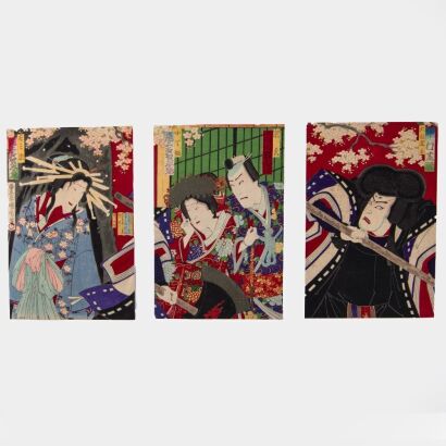 A Japanese Meiji 15 Ukiyo-e Print Figure Triptych