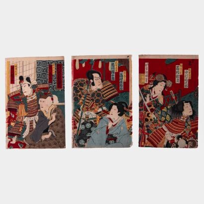 A Japanese Meiji 23 Ukiyo-e Print Figure Triptych (Ying Xi Er Xiang Chao Lou Drawing)