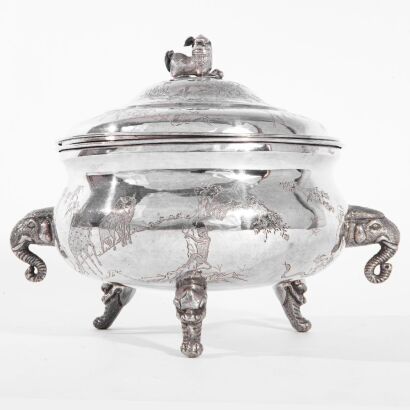 A Chinese 19th Century Silver Animals, Floral and Bird Elephant Handled Hotpot