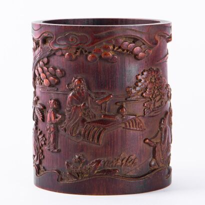 A Chinese Bamboo Carved 'Landscape and Figural' Brush Pot