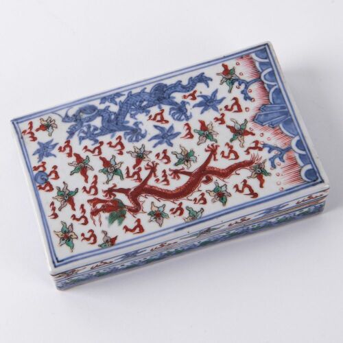 A Chinese Ming or Qing Dynasty Blue and White Iron-Red and Green Enamel Dragons Porcelain Inkstone
