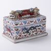 A Chinese Ming or Qing Dynasty Blue and White Iron-Red and Green Enamel Dragons Covered Box