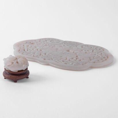 A Chinese Qing Dynasty Celadon Jade Figural and Qilin Lock Plaque AND A Chinese Qing Dynasty Hetian Jade Small Animal